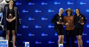 University of Pennsylvania swimmer Lia Thomas (L) of the University of Pennsylvania stands on the podium after winning the 500-yard freestyle as other medalists (L-R) Emma Weyant, Erica Sullivan and Brooke Forde pose for a photo at the NCAA Division I Women’s Swimming & Diving Championship in Atlanta, Ga., March 17, 2022. (Justin Casterline/Getty Images)