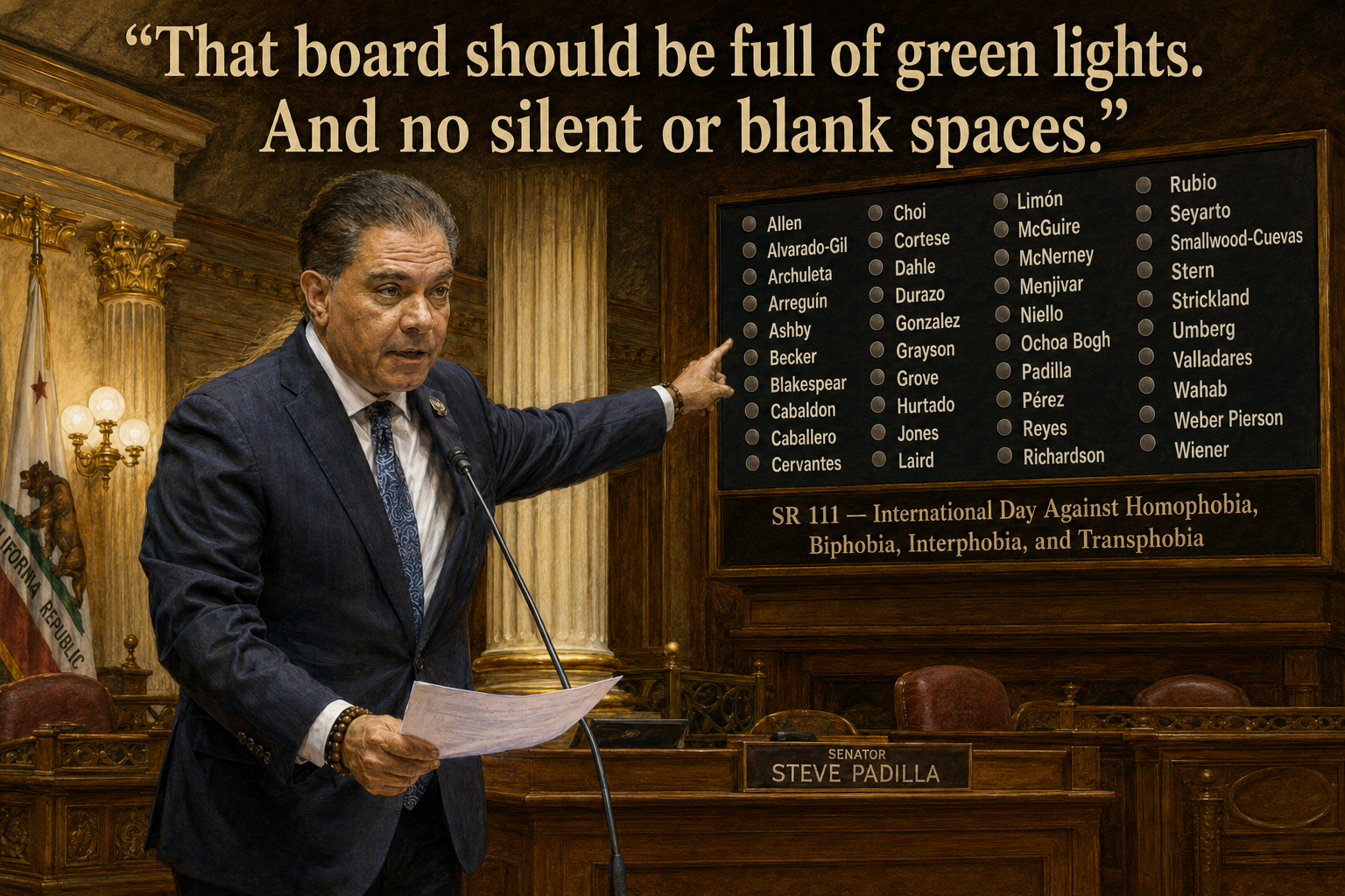 ChatGPT Image May 19 2026 01_32_05 PM - California Family Council - California Family Council Senator Steve Padilla speaks at a wooden podium in a ornate senate chamber, pointing to a large vote-board of names and a bold quote above it: 'That board should be full of green lights. And no silent or blank spaces.'
