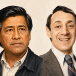 Two men in business attire posing for a portrait: left man with dark hair and a serious expression, right man smiling in a gray suit.