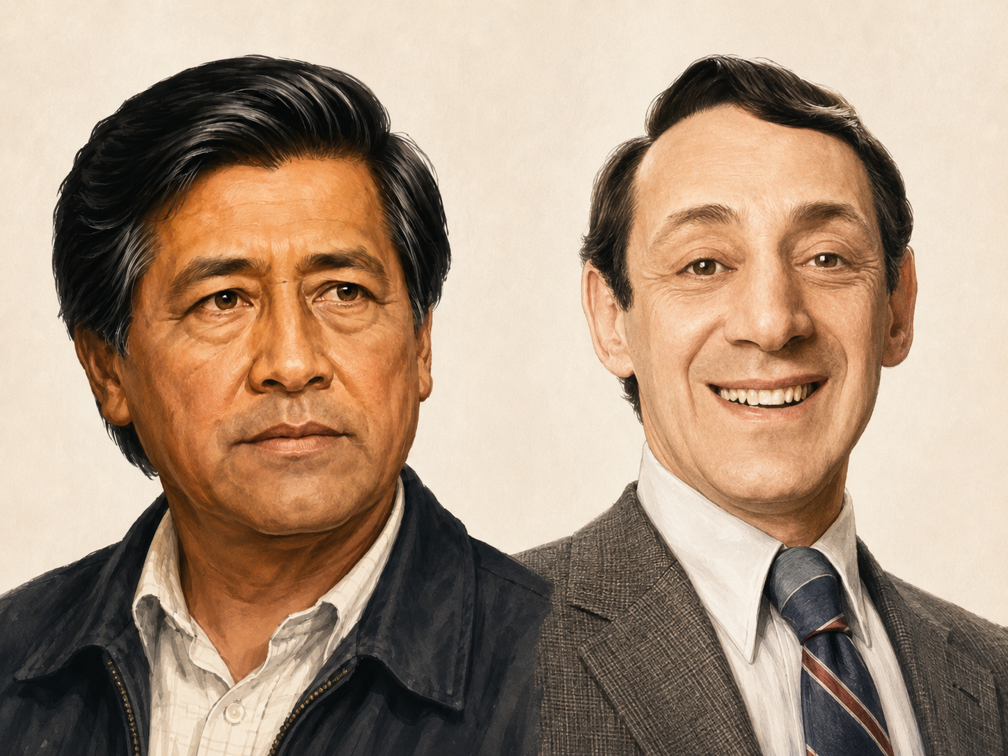 Two men in business attire posing for a portrait: left man with dark hair and a serious expression, right man smiling in a gray suit.