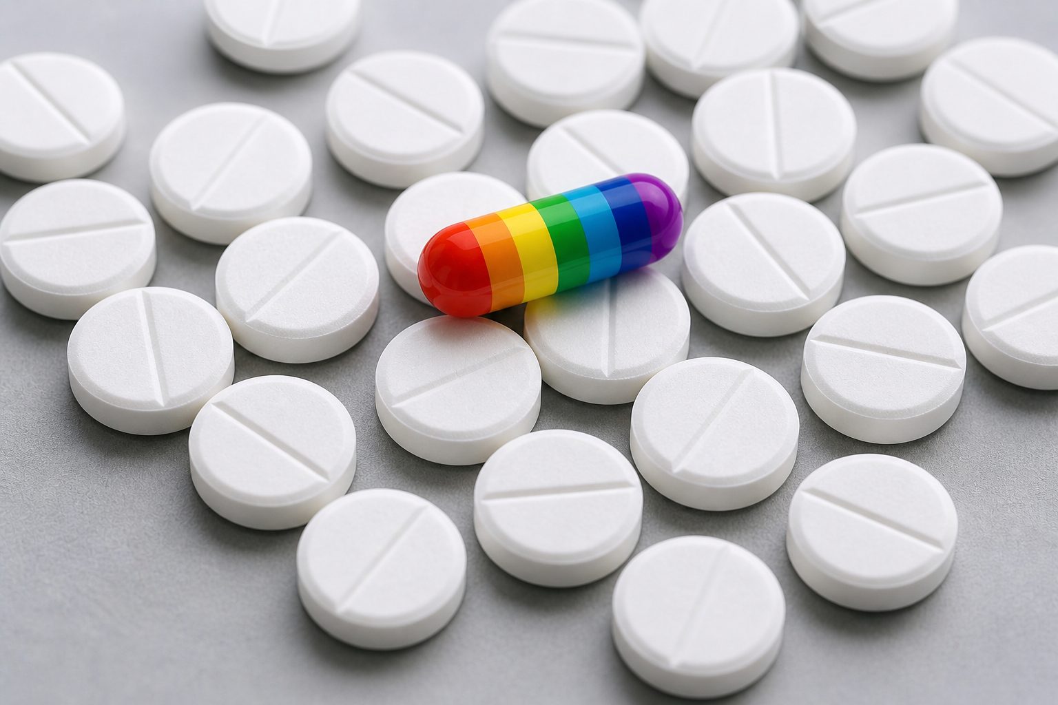 Rainbow-colored capsule resting atop scattered white scored tablets on a gray surface