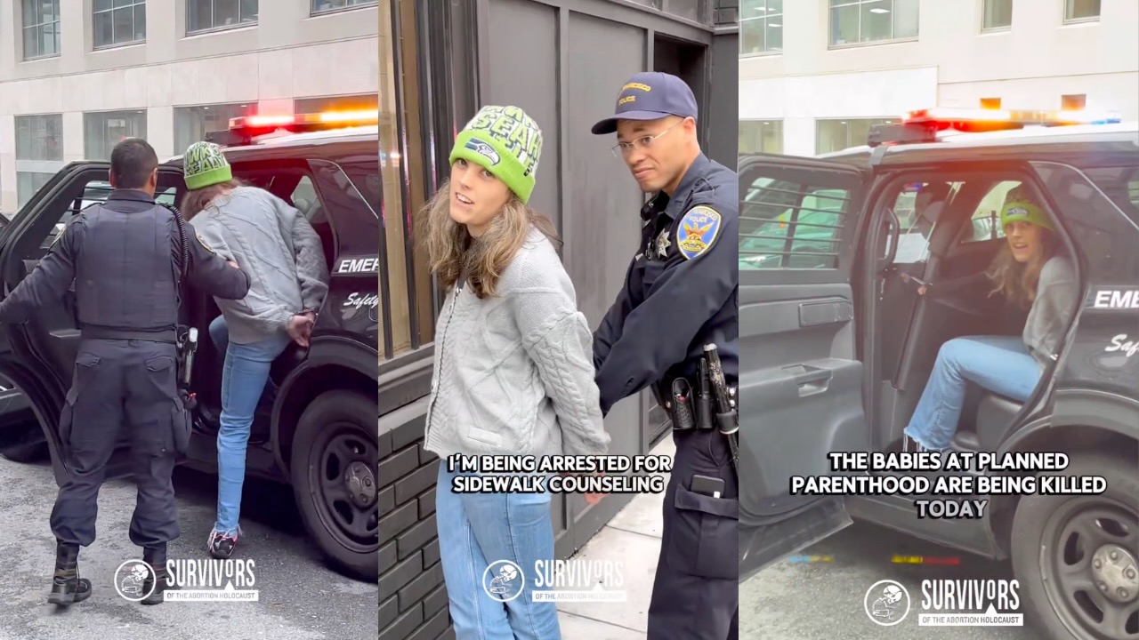 Collage showing a woman in a gray jacket and green beanie being escorted toward a police SUV by an officer; protest captions appear in the frames.