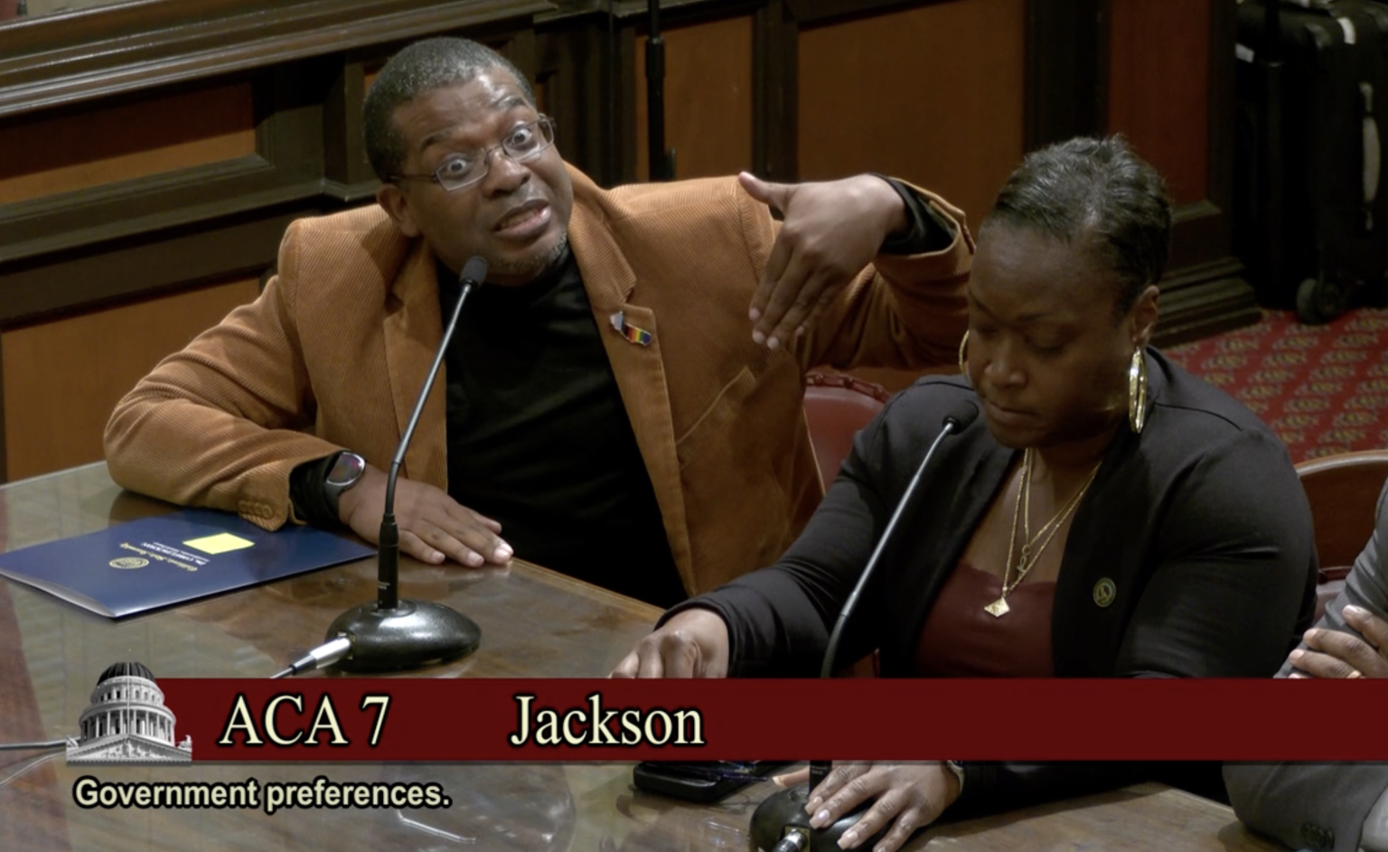 Two panelists at a hearing sit at a wooden desk; the man in a brown blazer gestures with his arm raised while speaking into a microphone, a woman sits beside him with a microphone nearby.