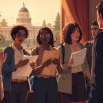 Lobby Day Graphic - California Family Council Diverse group of students in a doorway, holding papers and discussing a project with the state capitol visible through the window behind them
