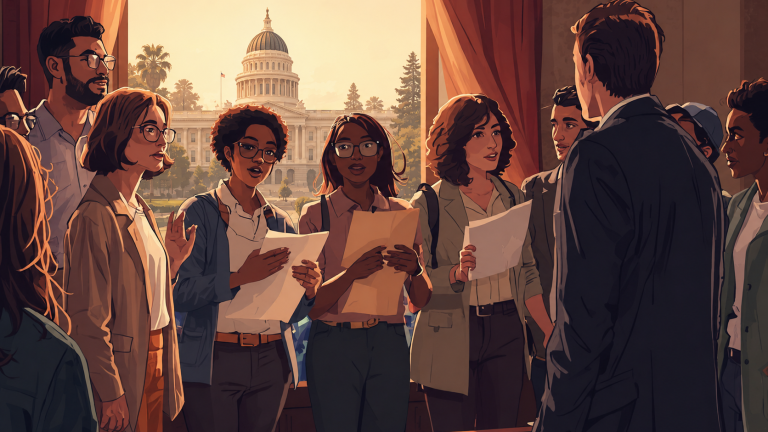 Diverse group of students in a doorway, holding papers and discussing a project with the state capitol visible through the window behind them