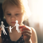 Young girl holding a paper cutout of a family connected by hands, symbolizing family unity.
