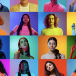 PRISM Picture - California Family Council Collage of diverse young adults posing against bright, multicolored backdrops under neon lighting.