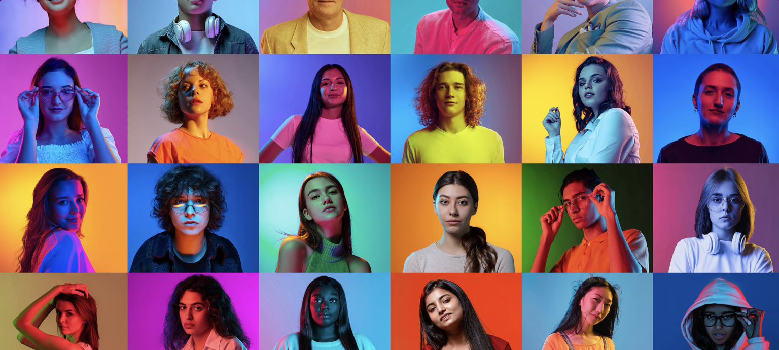 Collage of diverse young adults posing against bright, multicolored backdrops under neon lighting.
